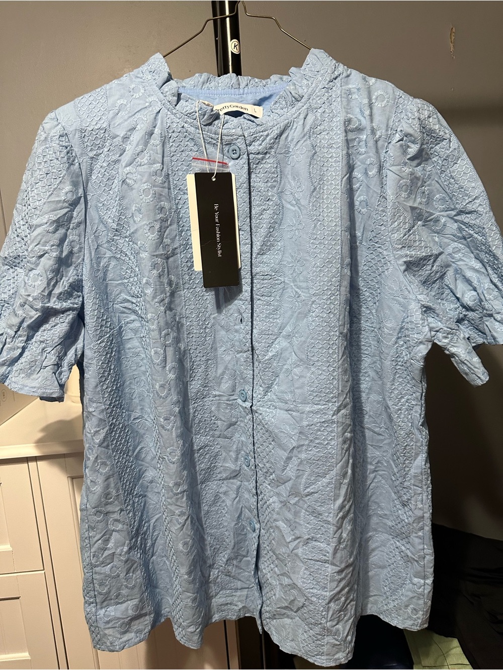 Light Blue Embroidered Button-Front Women’s Blouse